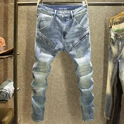 2024 Spring and Autumn New Fashion Blue Patchwork Denim Pants Men's Casual Slim Comfortable Breathable High-Quality Jeans 28-36