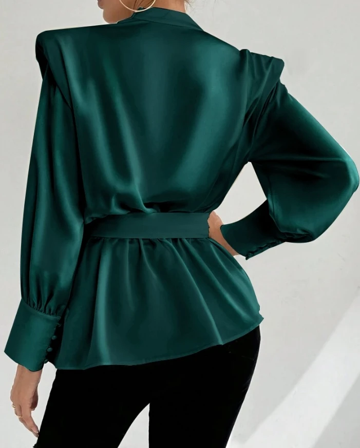 Hot Selling Blouses for Women 2024 Spring Autumn V-Neck Long Sleeve Ruched Tied Detail Blouse Top with Shoulder Pad Top