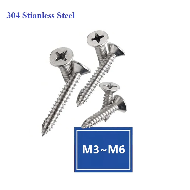 M3~M6 304 Stianless Steel 500h Passivation Salt Spray Cross Recessed Countersunk Flat Head Wood Self-Tapping Screws