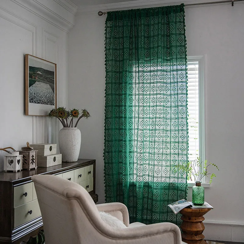 Christmas Green Curtain for Bedroom Boho Knitted Hollow Out Window Curtain Farmhouse Retro Crochet Sheer Curtains for Livingroom