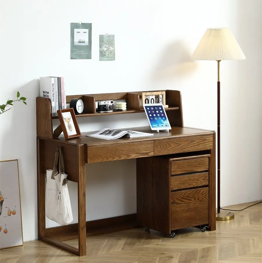 Oak children's desk, adjustable solid wood study desk, chair, writing bookshelf