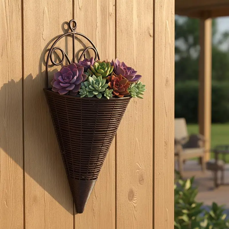 Brown Wall Hanging Cone Planters Imitation Rattan Weave Waterproof Vintage for Indoor Outdoor Hanging Plant Decor