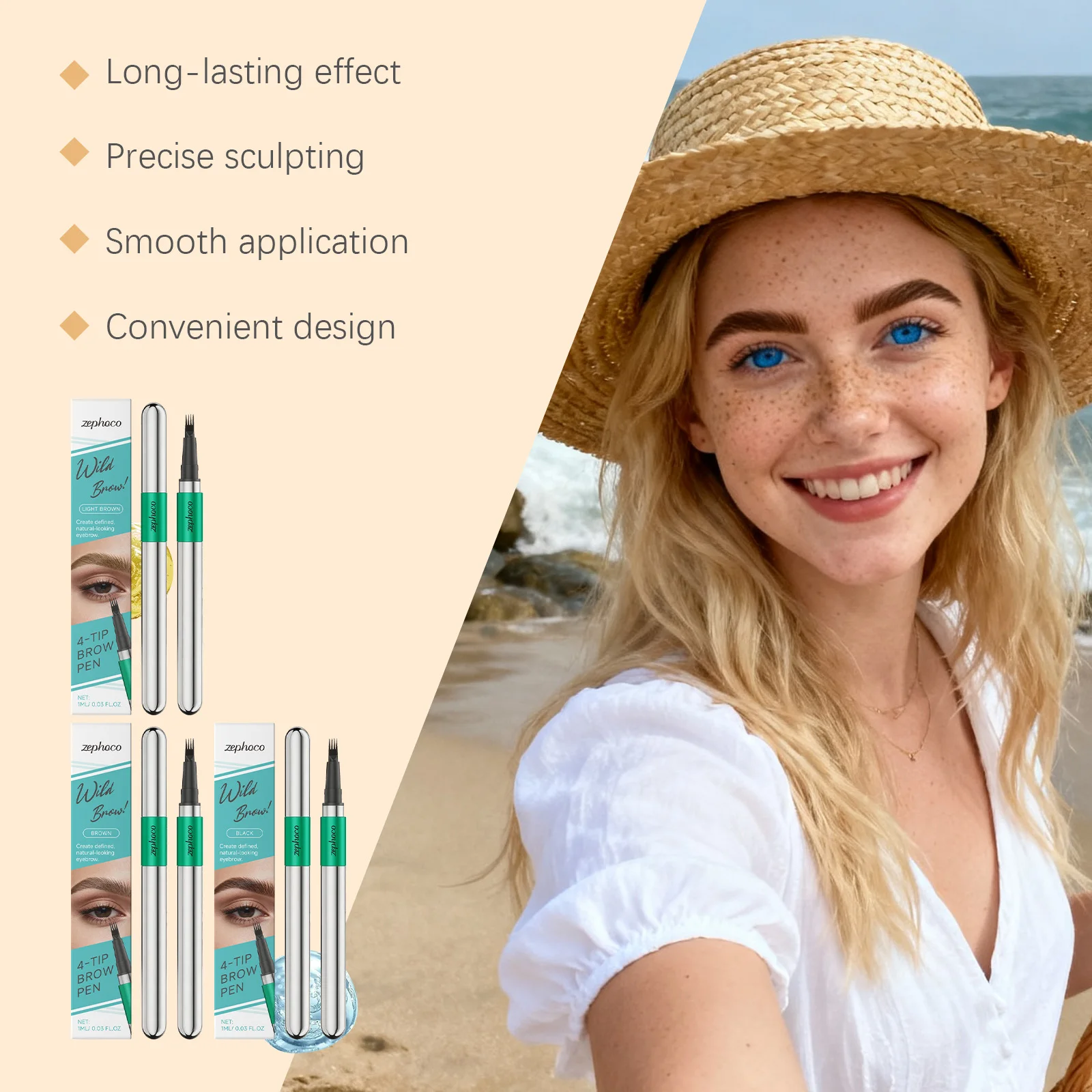 Zephoco 4-końcówkowy pisak do brwi w płynie, wodoodporny, długotrwały, odporny na rozmazywanie, naturalny, matowy pisak do rysowania brwi, kosmetyk do makijażu brwi.