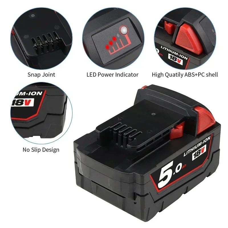 5.0Ah 6.0Ah 18V M18  Rechargeable Battery Replacement for Milwaukee M18B Lithium XC 48-11-1850 48-11-1862 48-11-1840 48-11-1828