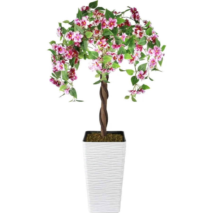 

Artificial Begonia Tree 4FT Fake Floral Plant Tree with White Planter Decorative Topiary Plant Potted Faux Flower for Home Offi