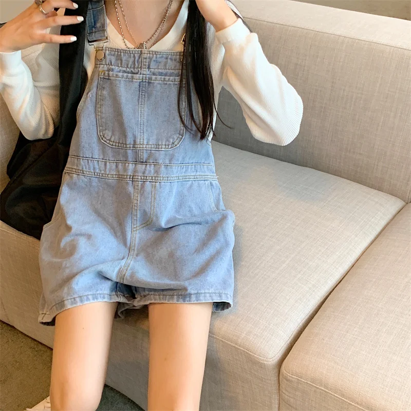 

Summer Thin Denim Overalls Women's Loose Wide Leg ort Pants High Waist Straight Cut Small Size Suit