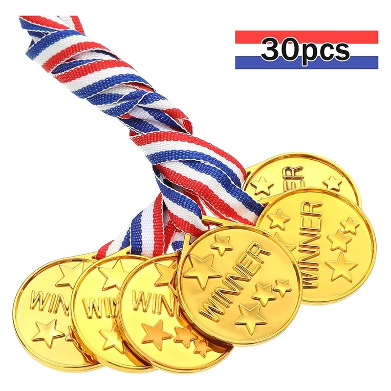 Gold Plastic Winner Award Medalhas para crianças, perfeitas para esportes, competição e favores de festas, pacote 30