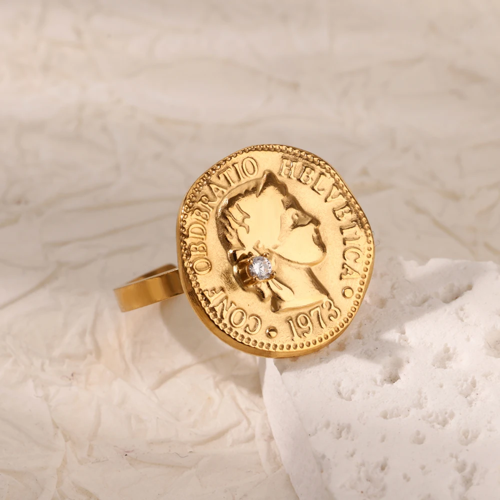 Vintage Zircon Goddess Portrait Coin Rings For Women Men Gold Color Stainless Steel Medal Ring Celebrity Fashion Jewelry bijoux