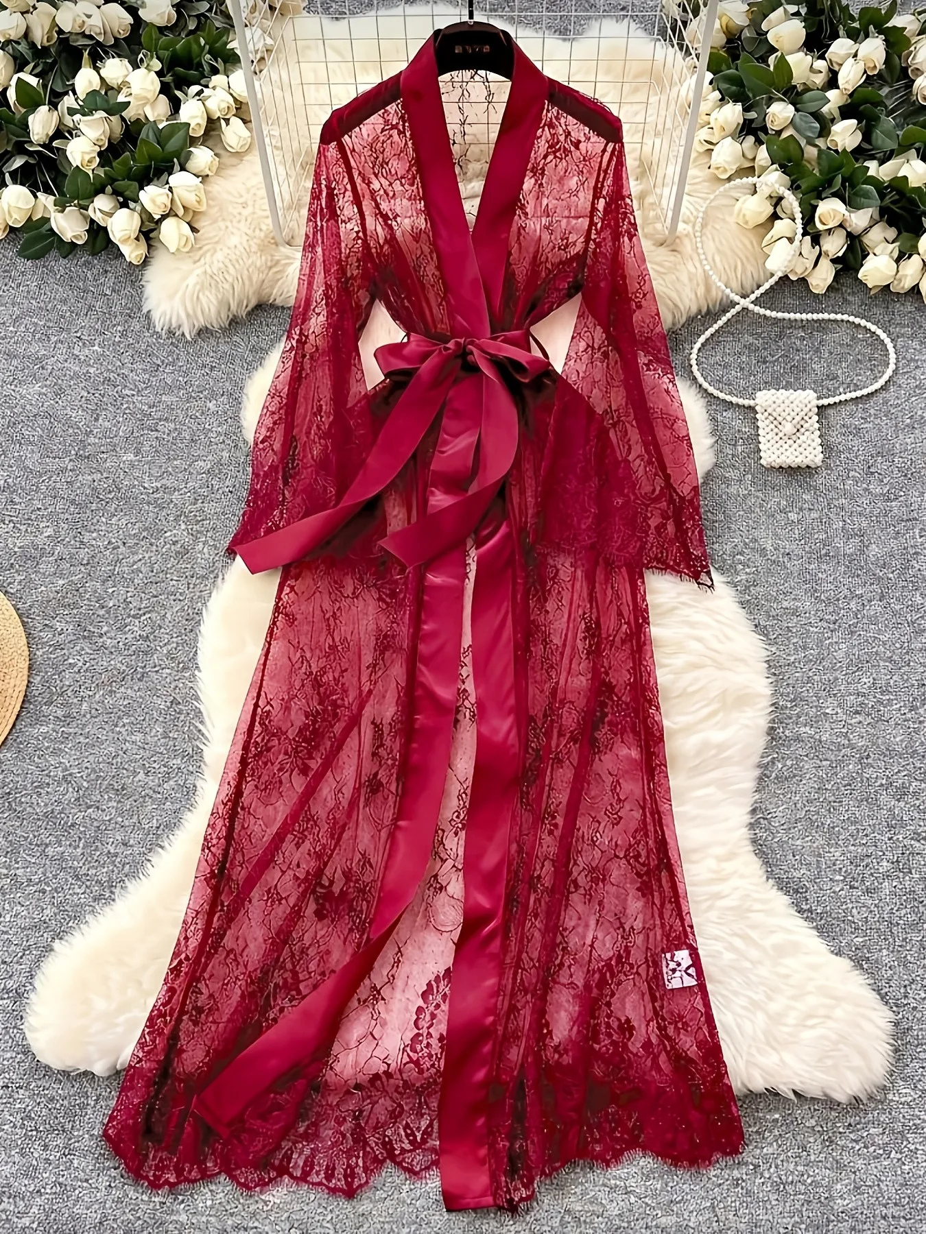Women's Long Floral Lace Robe with Waist Tie Wide Sleeves and Smooth Trim Semi Sheer Loungewear in Red Black White