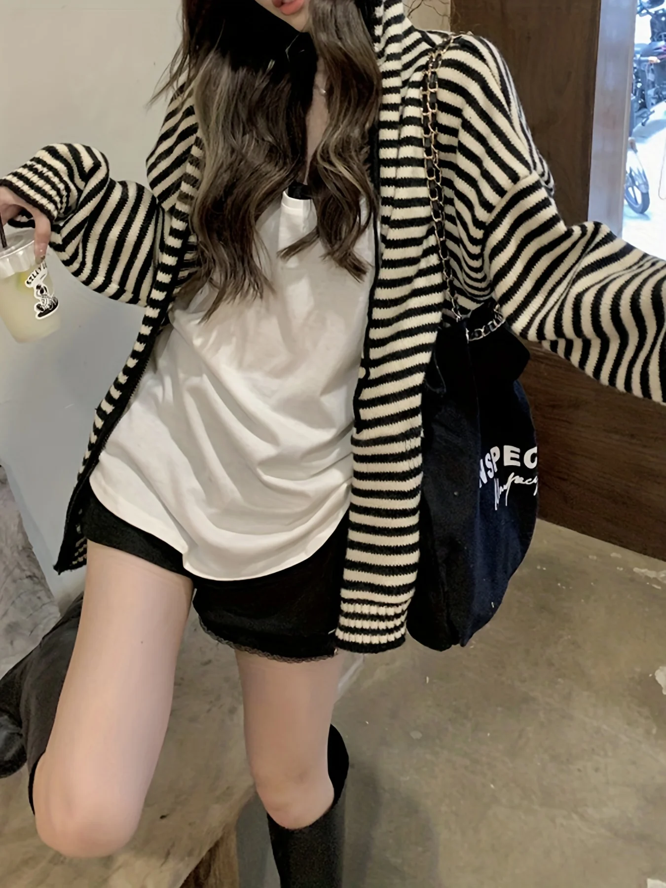 Korean Fashion Contrast Striped Knit Hooded Sweater for Women Winter Lazy Casual Knit Zipper Hooded Cardigan Outwear