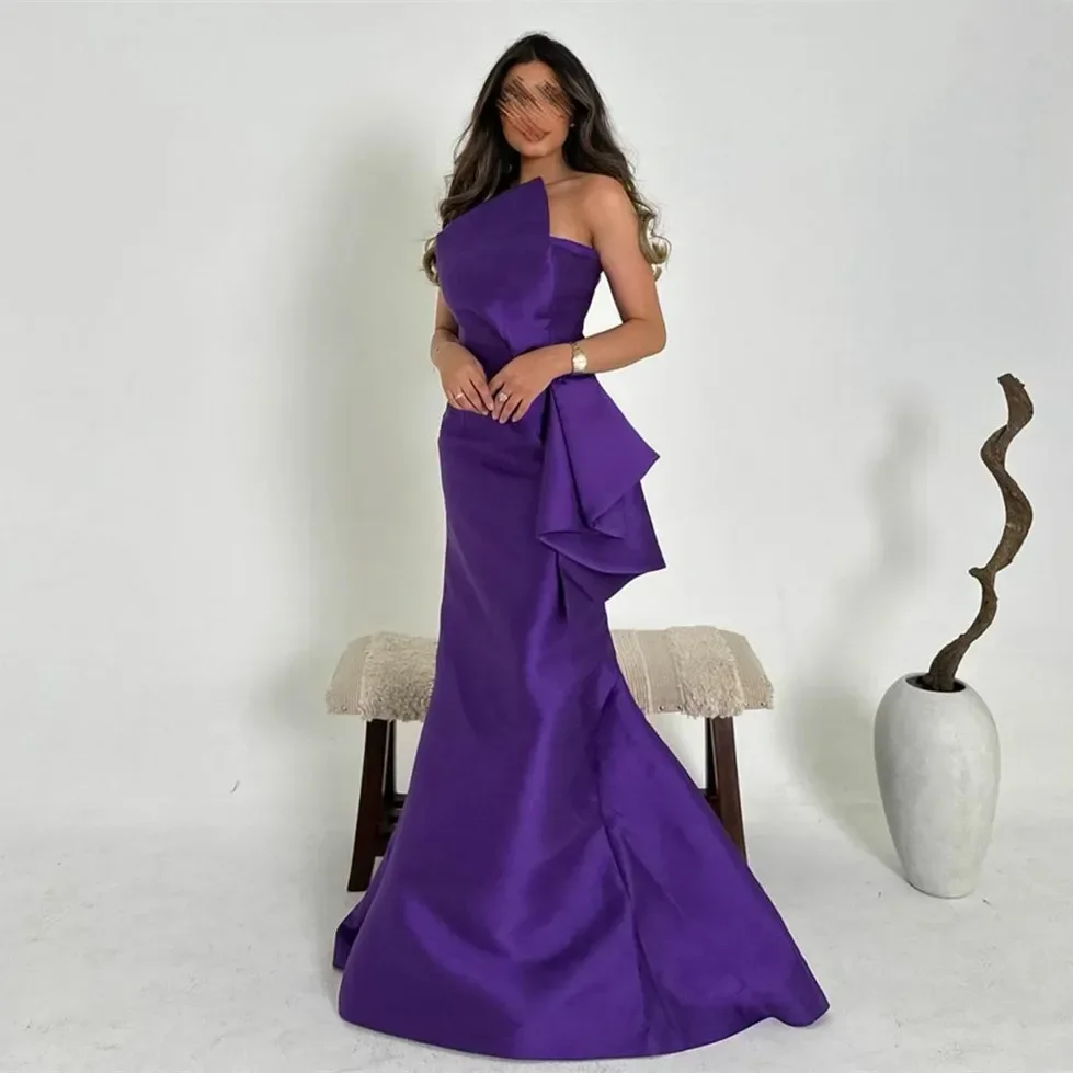 Customized Elegant Long Purple Strapless Evening Dresses with Ruffles Mermaid Floor-Length Sweep Train Prom Dresses for Women