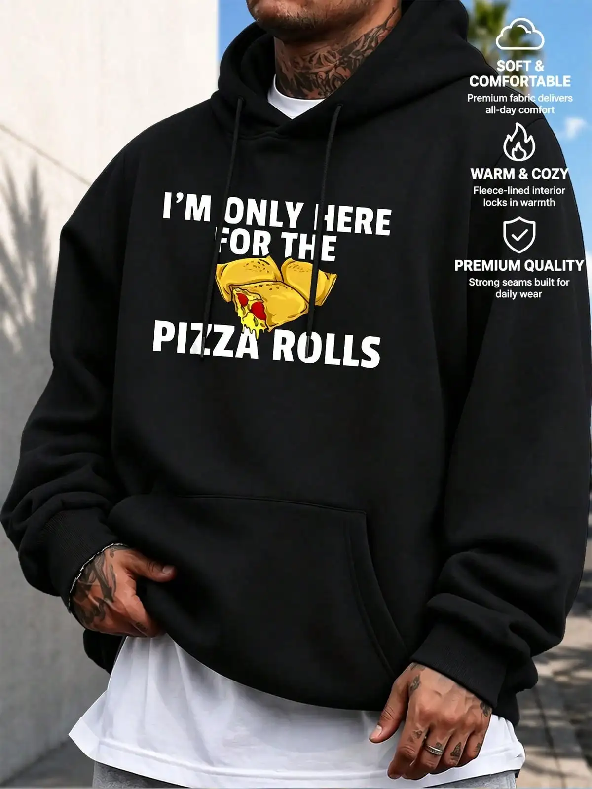 Men I'm Only Here For The Pizza Rolls Hoodie, Funny Food Lover Graphic Drawstring Kangaroo Pocket Pullover Sweatshirt Humor Casual Hooded Tops