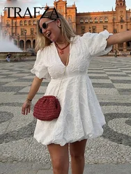 TRAF 2024 New Women Fashion White Embroidery Short Sleeved Dress Female Summer Elegant V Neck Mini Dresses Beach Party Dress