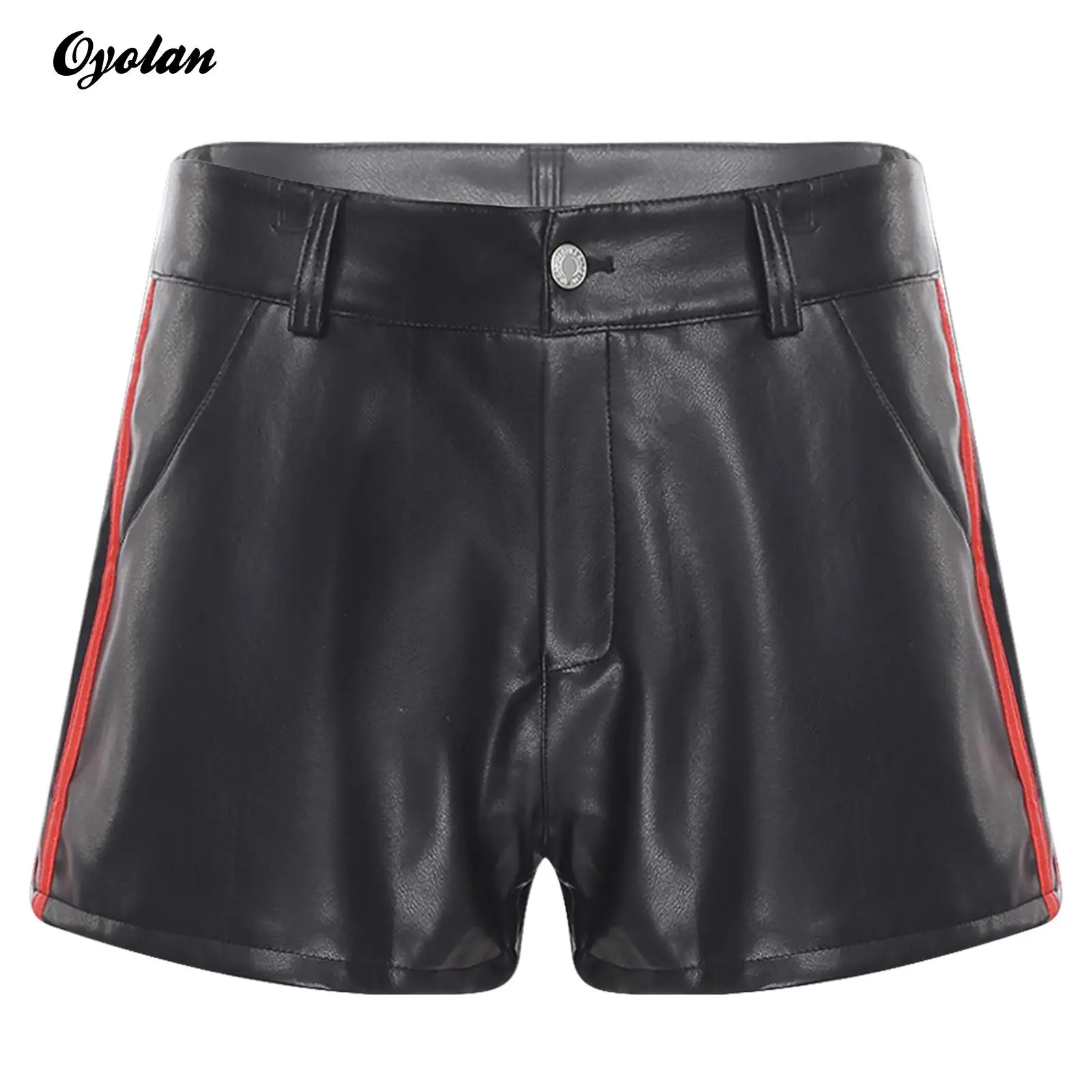 

Mens Matte Faux Leather Cargo Skinny Rave Short Pants Trendy PU Leather Latex Shorts Side Stripes Pockets Gothic Punk Clubwear
