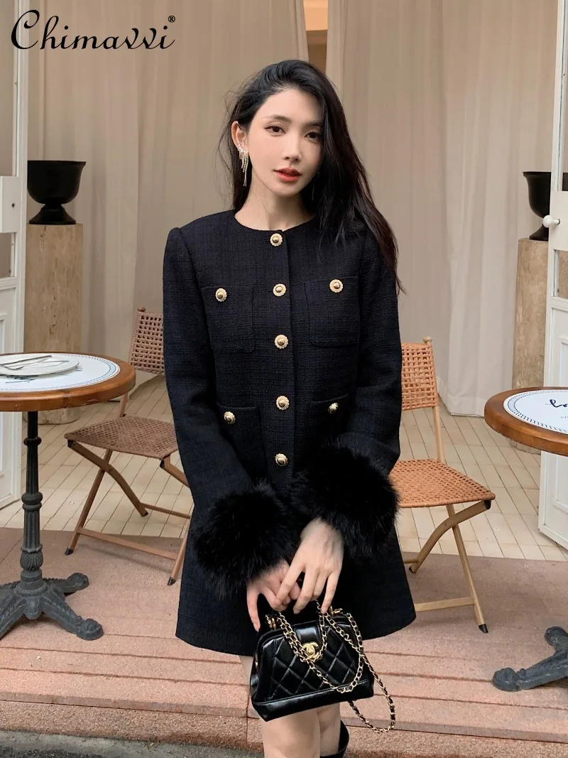 Outono inverno nova moda high-end peludo manga longa preto tweed jaqueta de cintura alta saia conjunto de duas peças elegante festa das mulheres terno