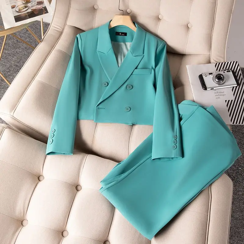 Insozkdg Spring Autumn New Green Two Piece Women Suit with Cropped Blazer Wide Leg Pants with Slit Wedding Guest Suit Pants Suit