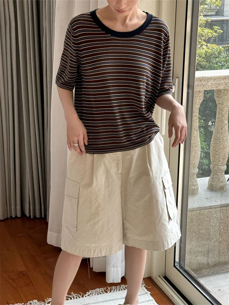 HanOrange 2026 Summer Lazy Contrasting Striped Lyocell Knitted Short Sleeved T-shirt Women Breathable Top Tees Navy Blue/Coffee