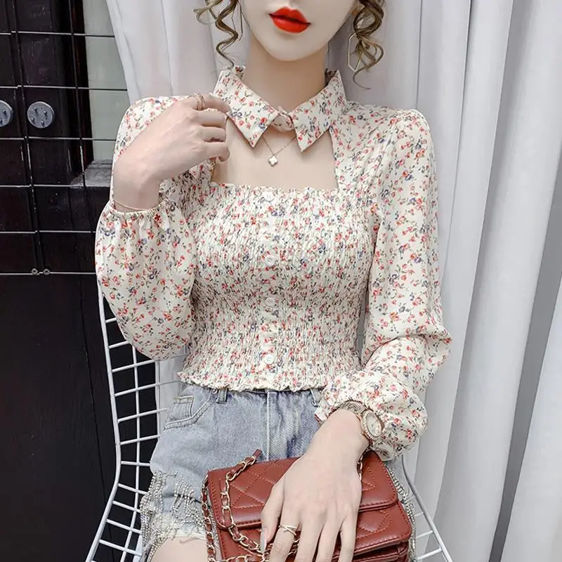 New Women Vintage Sexy Hollow Floral Print Chiffon Blouses Elegant Fashion Slim Long Sleeve Shirts Female Casual Sweet Chic Tops