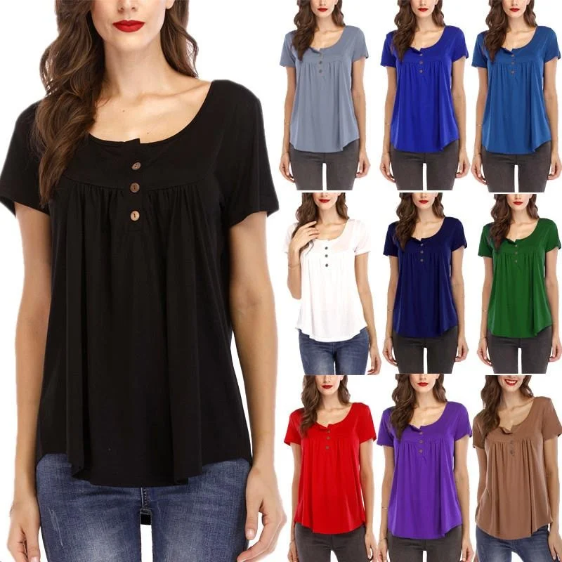Women's T-irt with Pleated Buttons And ort Sves Loose Fit Polyester  Color Dstring Casual Top for Ladies
