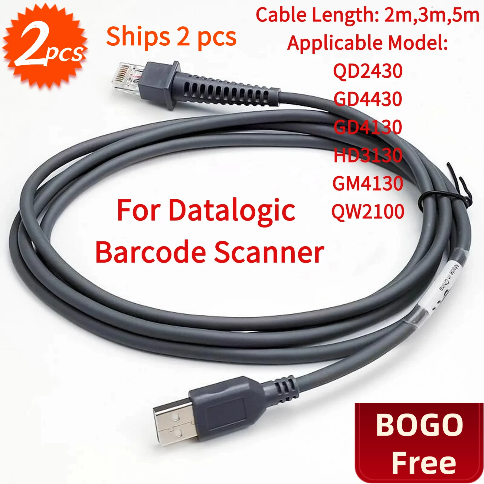 2pcs/lot BOGO Free USB Cable for Datalogic Barcode Scanner QD2430/QW2100/GPS4490/GD4430/GD4130/HD3130/GM4100/QD2131