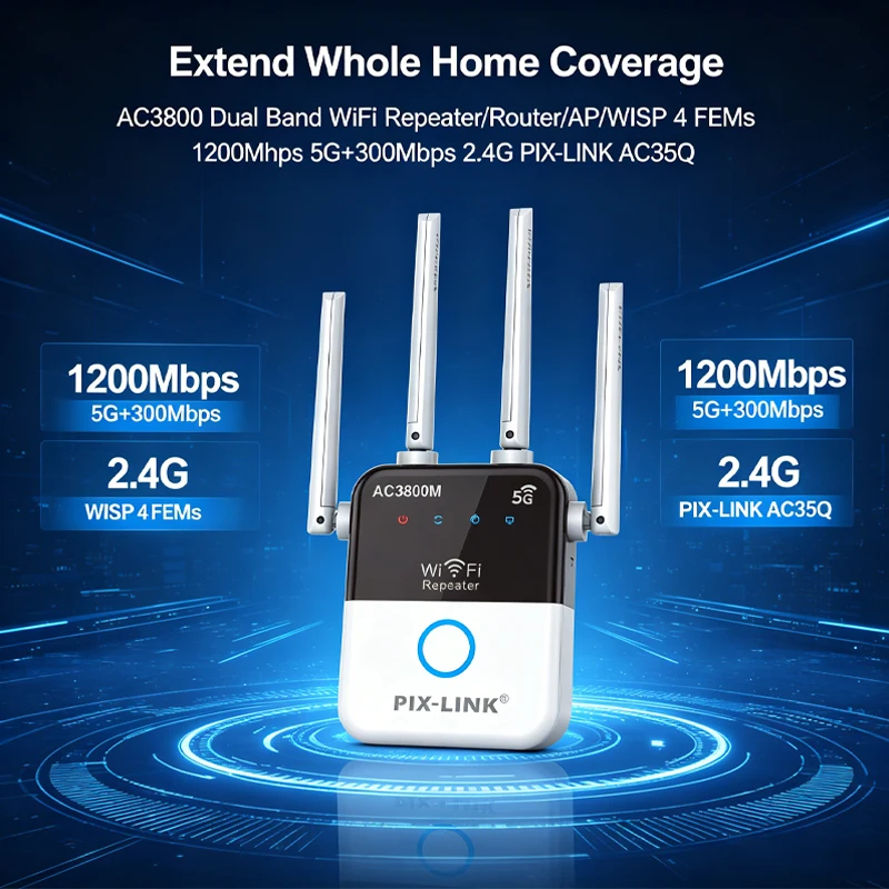 

Extend Whole Home Coverage AC1600 Dual Band WiFi Repeater/Router/AP/WISP 4 FEMs 1200Mbps 5G+300Mbps 2.4G PIX-LINK AC35Q
