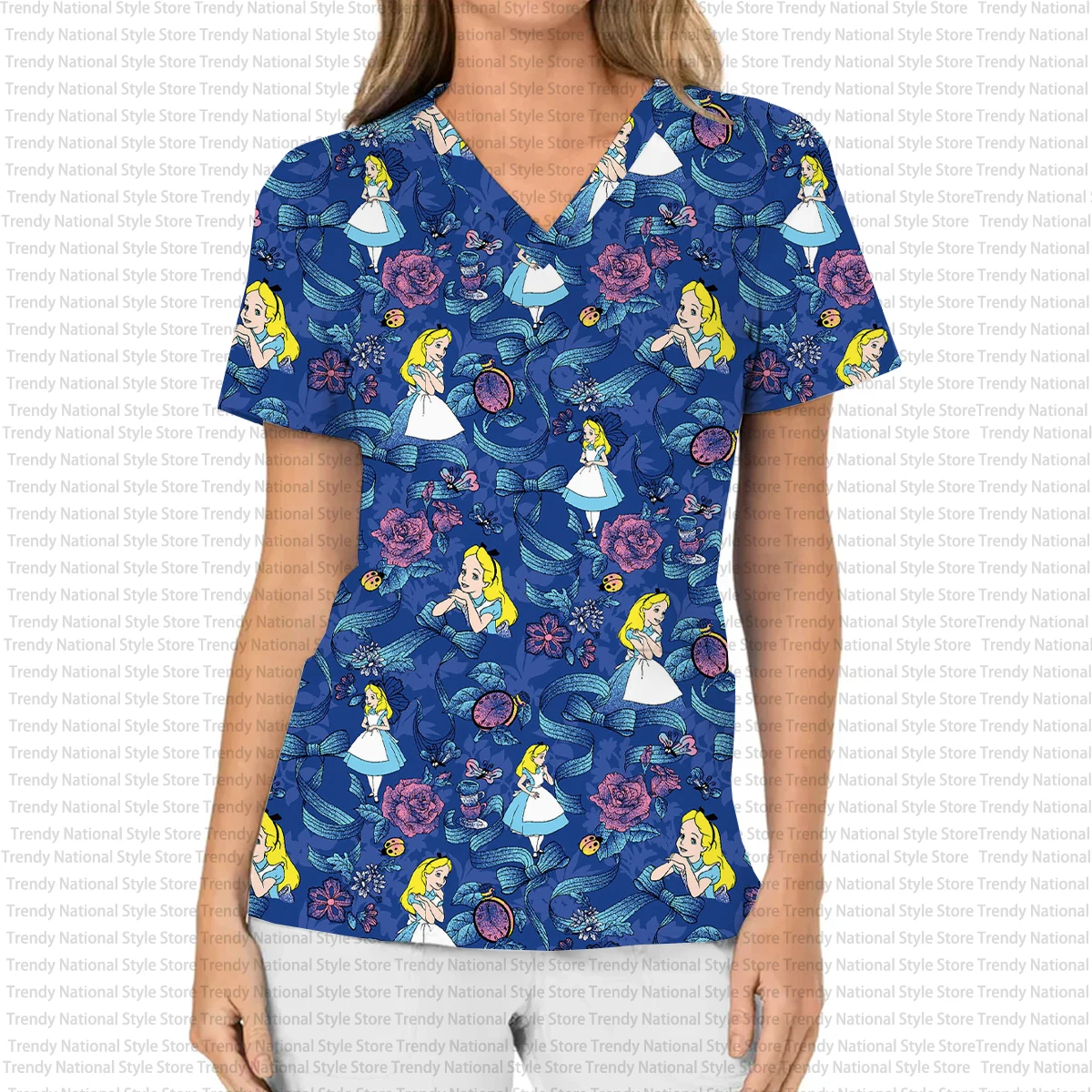2025 New Elegant Women's Work Uniform V-neck Pocket Frosted Top Exquisite Disney Alice Cartoon Print Hospital Doctor T-shirt