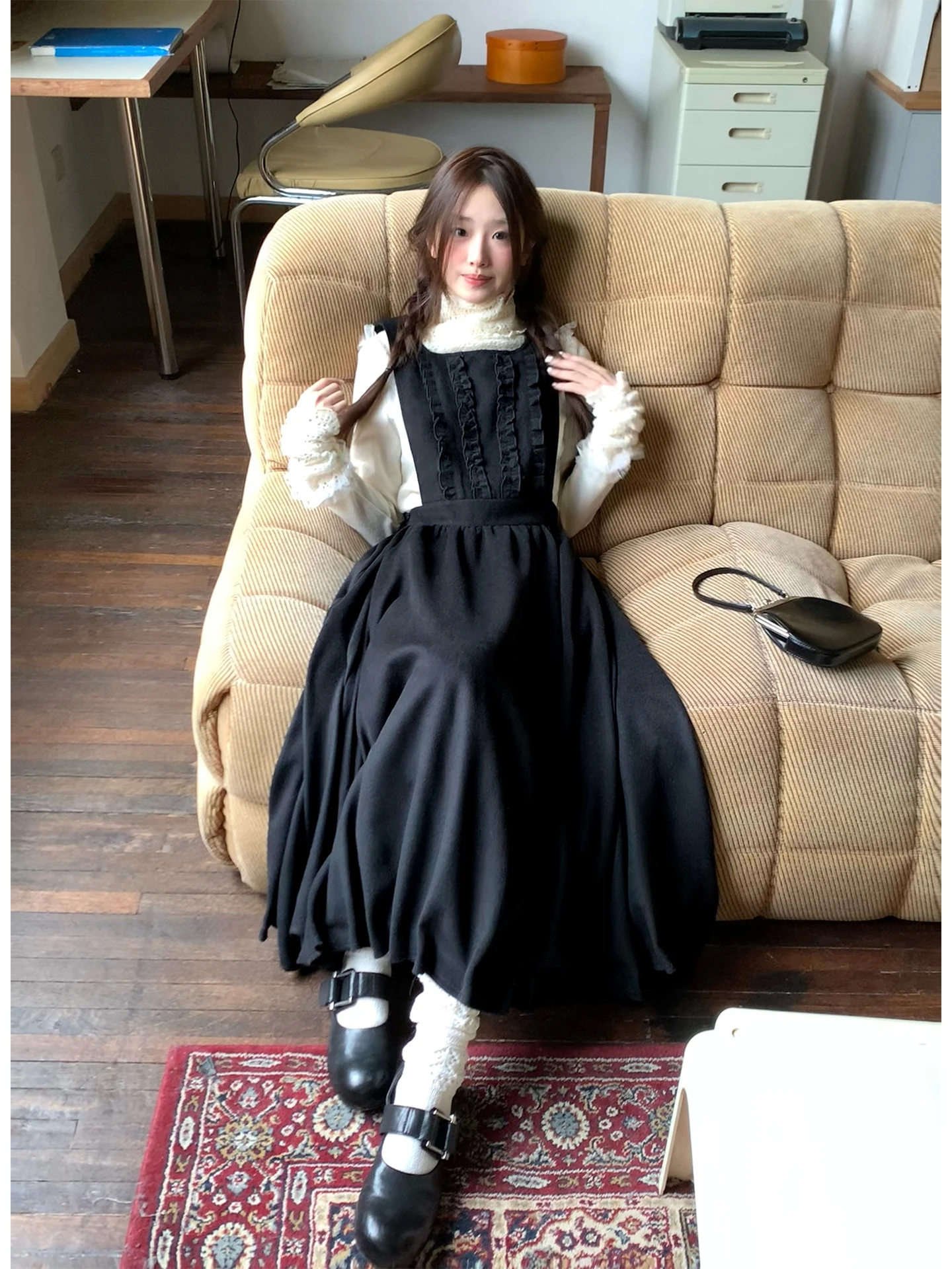 

Bla Lace Trim Vest Dr Japanese Sle Autumn Winter Ladies Dr A-Line Skirt No Sve Ele Faion Scene Dr