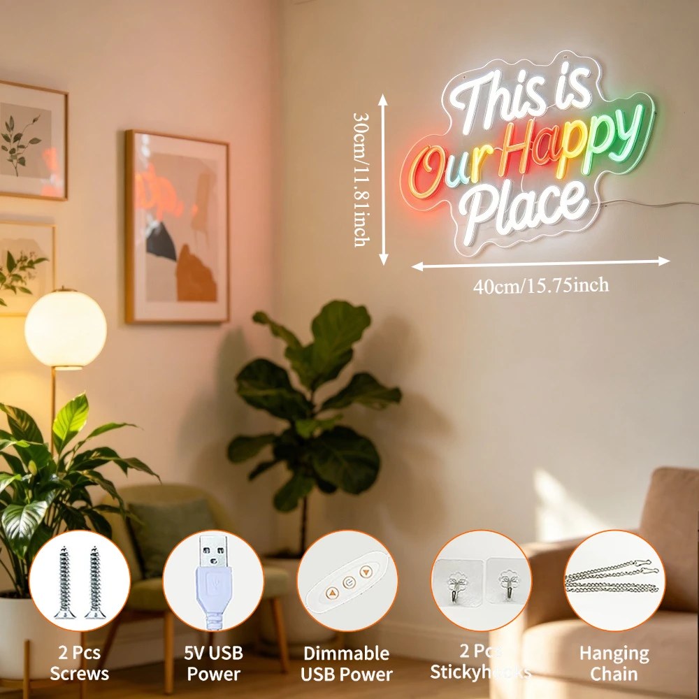 Happy Place Neon Sign LED Wall Art Lighting This Is Our Happy Place Decor for Bedroom Living Room Nursery Dorm Room Gift - view 3
