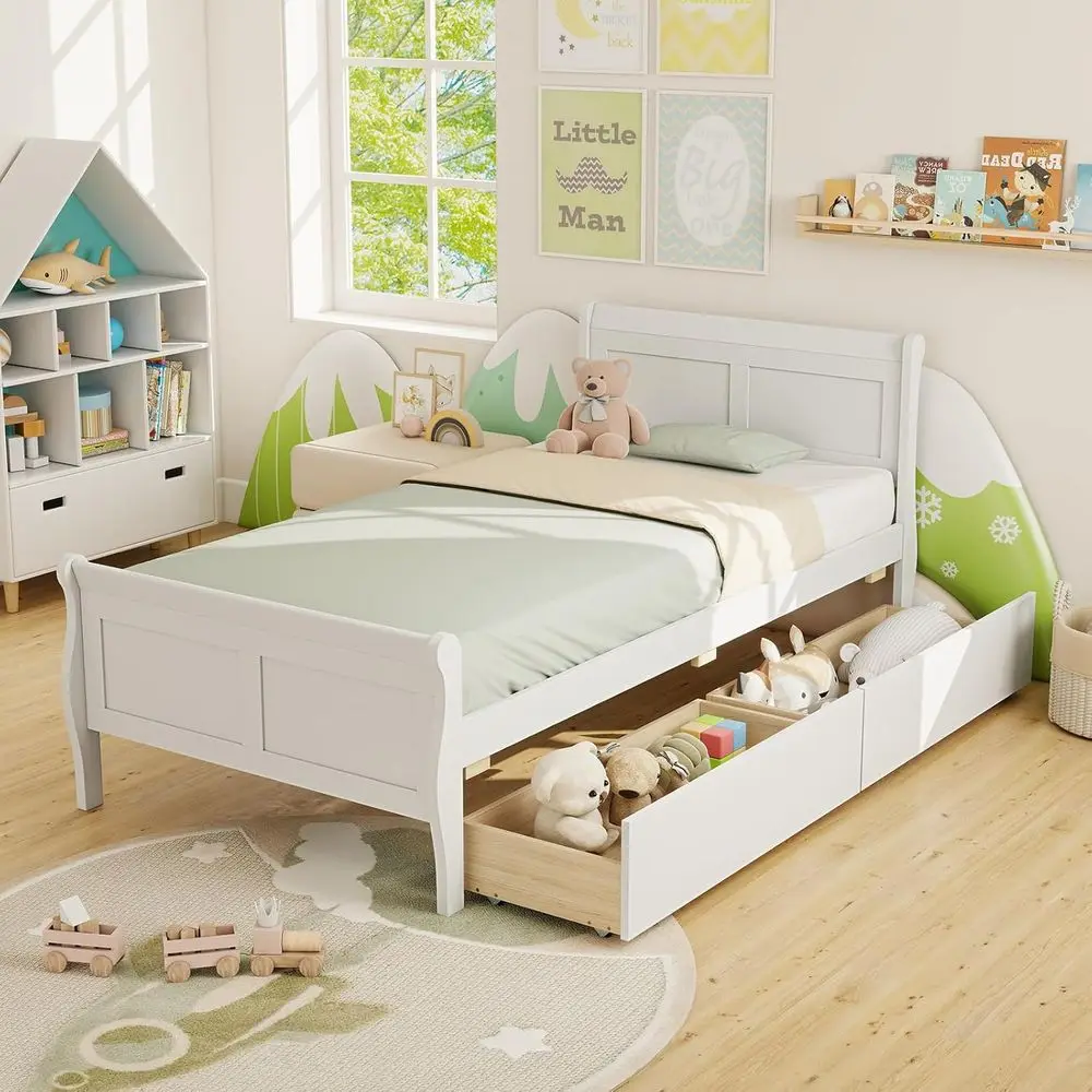 

Двуспальная кровать с двумя ящиками для хранения, кровать-трансформер с изголовьем и изножьем, кровать-сани с деревянными ламелями для детей, подростков и взрослых