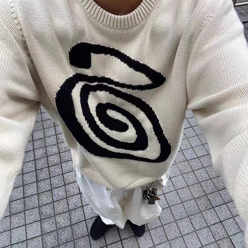 Y2k Millennium Wind Mosquito Coil Pattern Printed Pattern Round Neck Loose Sweater Street Style Knitted Sweater Top For Women