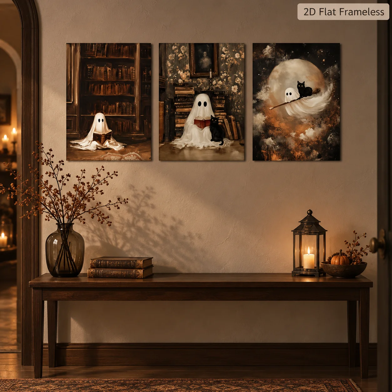 3 fun ghost and little black cat fantasy wall decoration paintings, creative reading canvas posters, ideal home gifts, 2D flat p