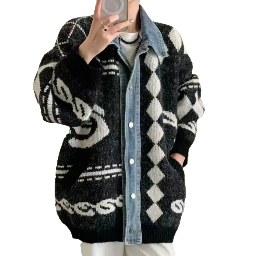 Dames gesplitst denim vest truien gebreide truien jacquard kraagvorm lange mouwen losse Y2k casual 2025, herfst winter