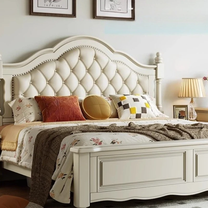 White French Bed Master Bedroom Double Cream Style  Luxury Princess Genuine Leather Solid Wood Soft Package Cama Furniture