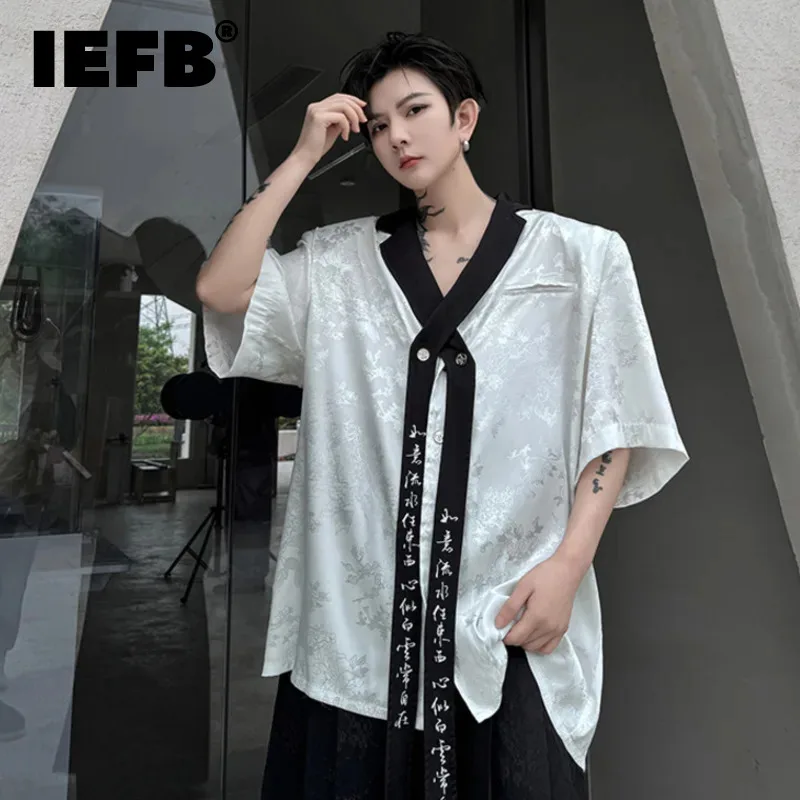 

IEFB Chinese Style Suit Collar Men's Shirt Embroidered Ribbon Niche Design Short Sleeve Male Shirts New Trend Summer 28W3299