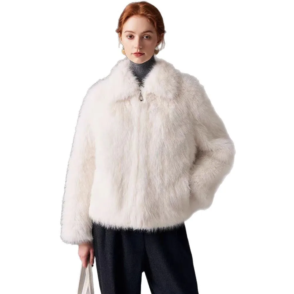 KIDCRKJ الشتاء Wowen معطف فرو الثعلب الصناعي الأبيض التلبيب طوق سستة الفراء سترة للإناث الحلو سيدة الفراء الاصطناعي أبلى #5