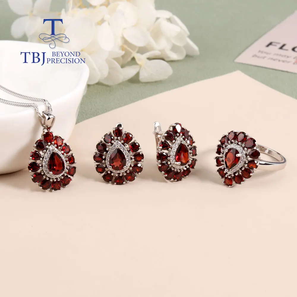 100% Natural Red Garnet Ring Earrings Pendant Jewelry Set 925 sterling Silver Fine jewelry for Women's