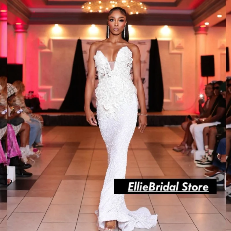 فساتين سهرة بحورية البحر باللون الأبيض على شكل حرف v مع زينة مطرزة فاخرة للنساء فستان حفلة موسيقية نيجيري مخصص لحفلات الزفاف