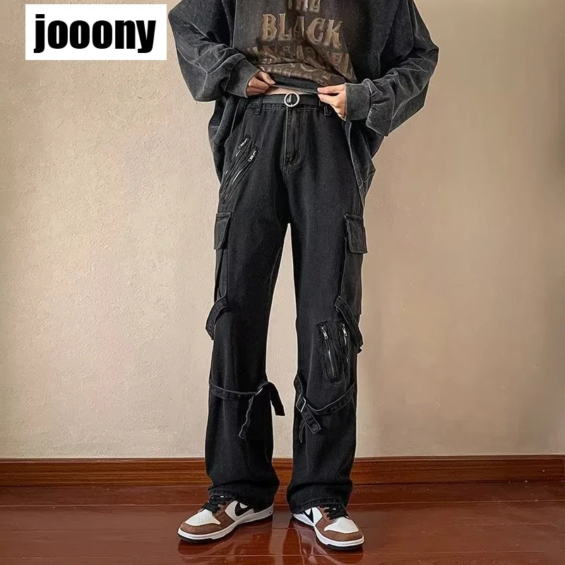 

Мужская корейская уличная одежда в стиле хип-хоп Harajuku Y2K, винтажные свободные джинсы прямого кроя, новые потертые брюки-карго для тяжелой промышленности с несколькими карманами