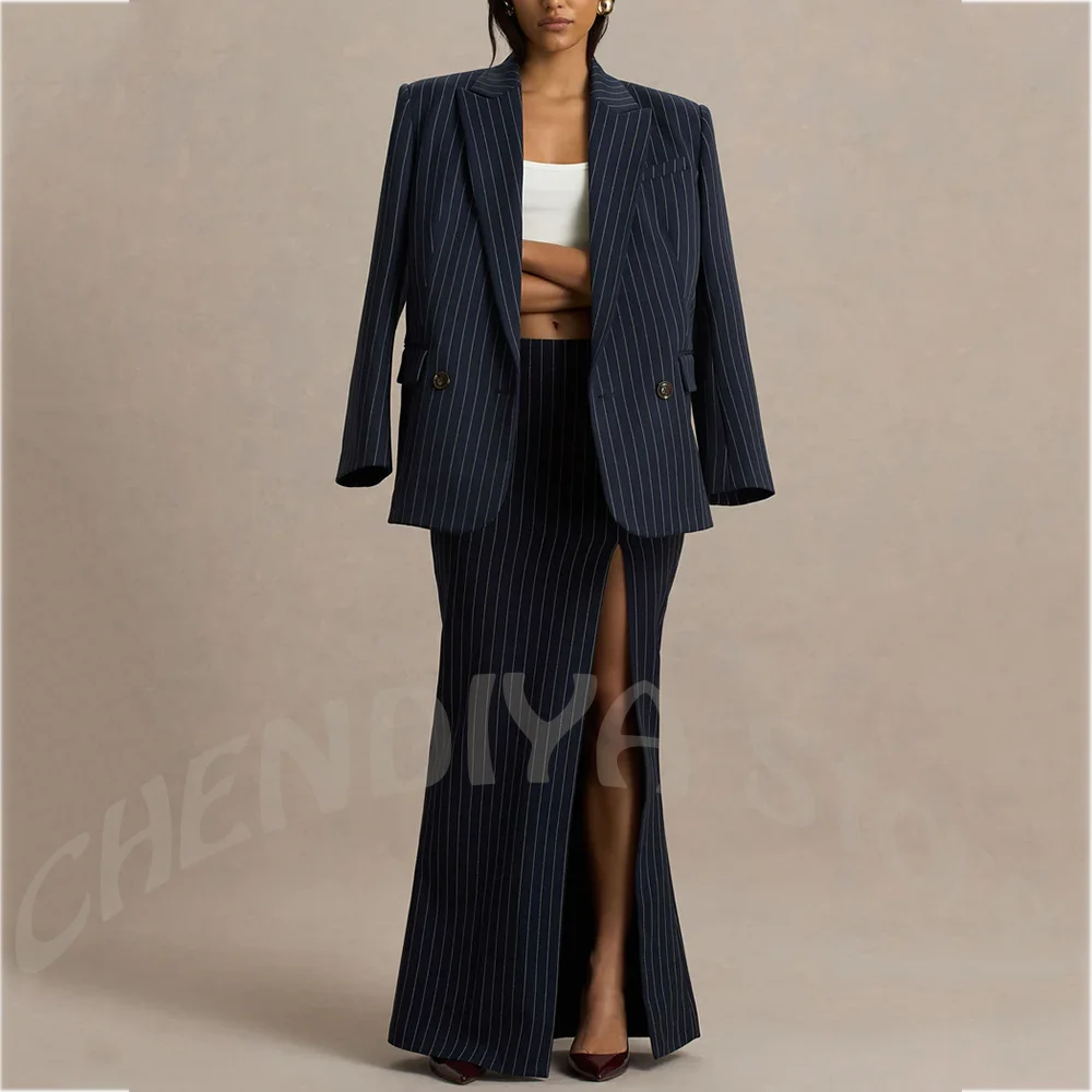 Unique Design Striped Suit Jacket With Skirt Full Length Side Slit Double Breasted Blazer Set 2 Pieces Business Fashion Outfit