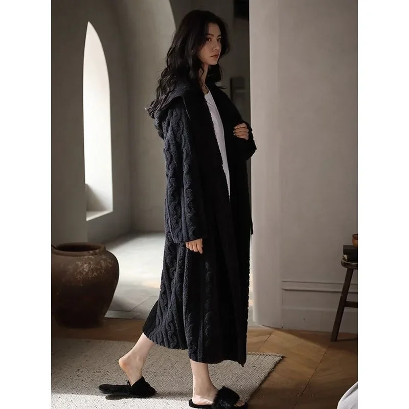 Long Style Coral Fleece Thickening Type Hooded Pajamas Bathrobe Can Be Worn Outside New Style Night Gown Woman Autumn and Winter