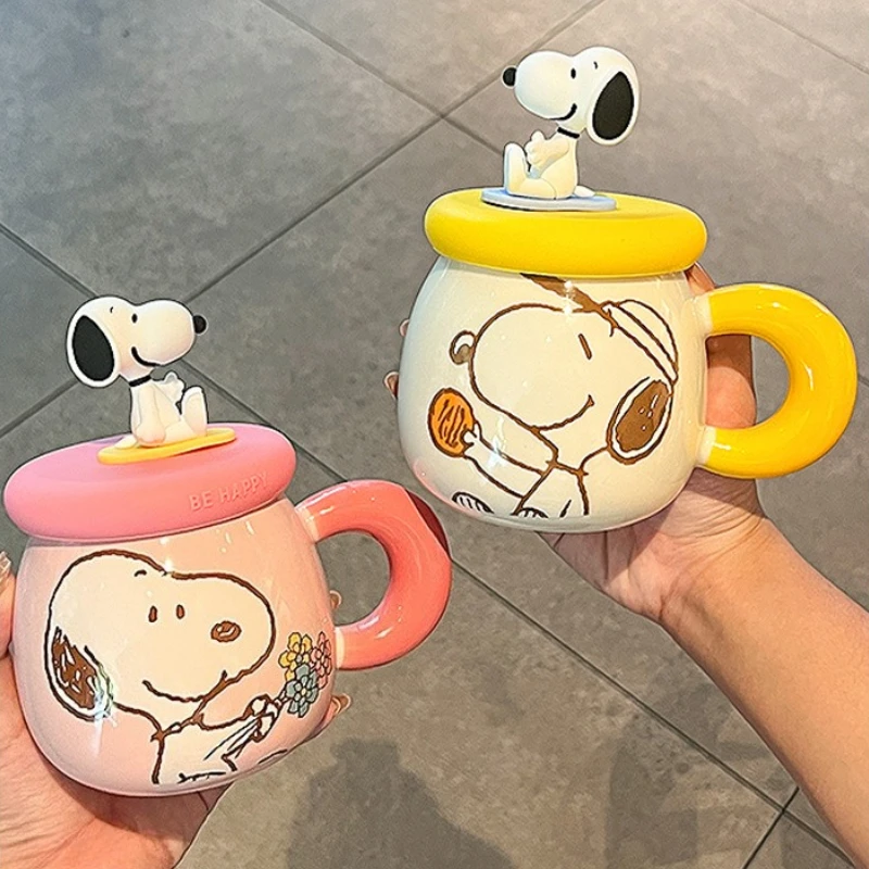 

500ml Snoopy Mug Straw Water Cup Girls Kawaii Ceramic Cup Anime Print Accessories Student Milk Cup Cute Coffee Gift