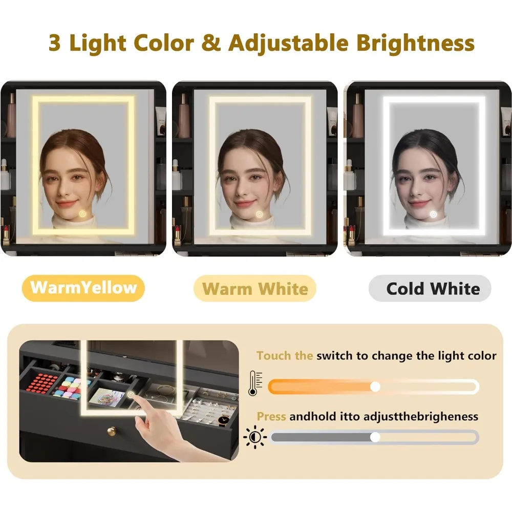 Роскошный черный туалетный столик для макияжа с зеркалом с подсветкой, стеклянной столешницей, хранилищем, розетками, ящиками и шкафами