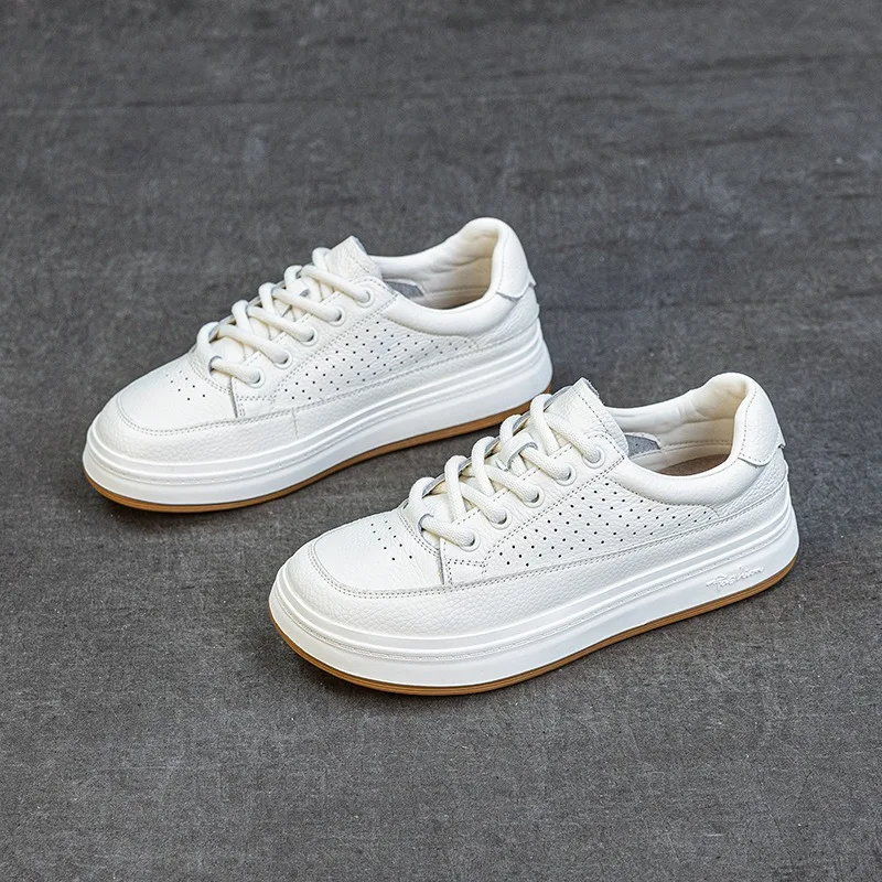 Women's Shoes High Quality Cowhide Casual Shoes Mesh Breathable Hollowed-out Leather Shoe Women's Vulcanized Shoes Zapatos Mujer