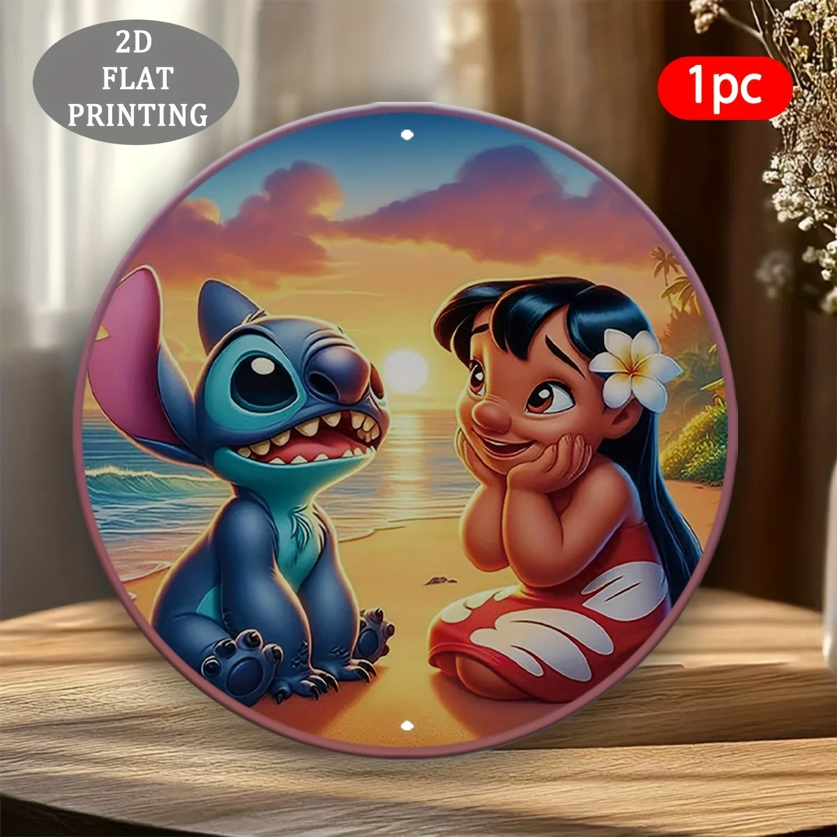 لافتة ألومنيوم دائرية مسطحة ثنائية الأبعاد، قطعة واحدة من Lilo & Stitch Beach Sunset - لوحة زخرفية مسطحة ثنائية الأبعاد بتصميم استوائي نابض بالحياة، مثالية
