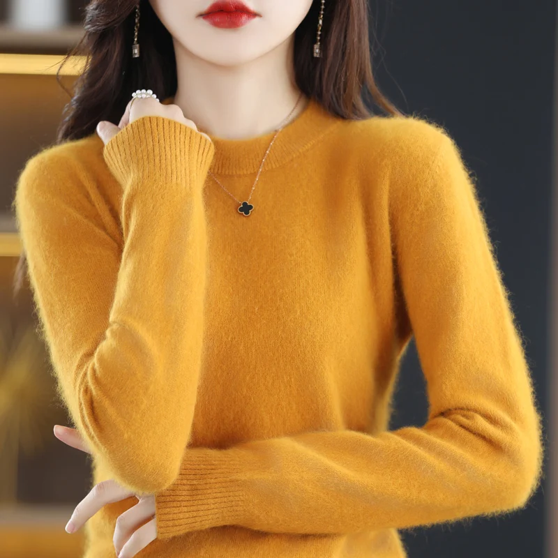 Round Neck Pure Mink Cashmere Sweater Women\'s Long Sleeve Top Autumn and Winter Warm Loose Knit Pullover Solid Color Base Top