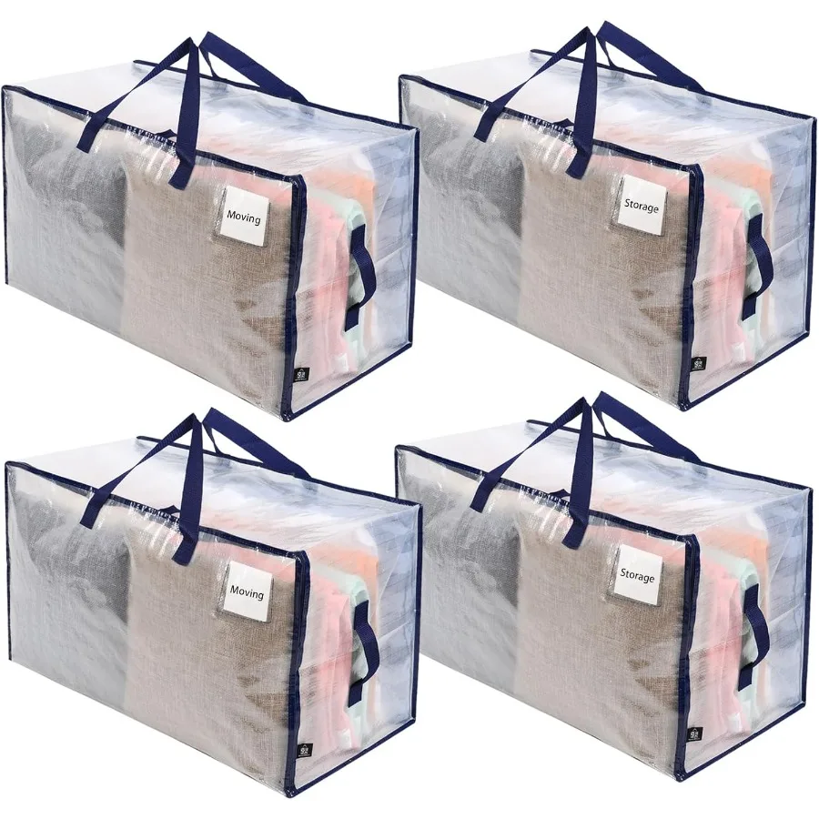 

4 Pack Heavy Duty Moving and Storage Bags with Zipper Large Packing Totes for College Dorm Room and Home Organization Wide Open