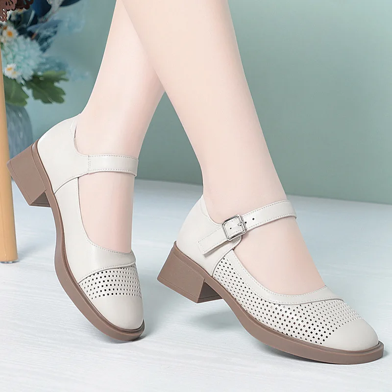 

Женские туфли DIMANYU Mary Jane из натуральной кожи, весенние, с перфорацией, нескользящие, на среднем каблуке, дышащие, для повседневной носки