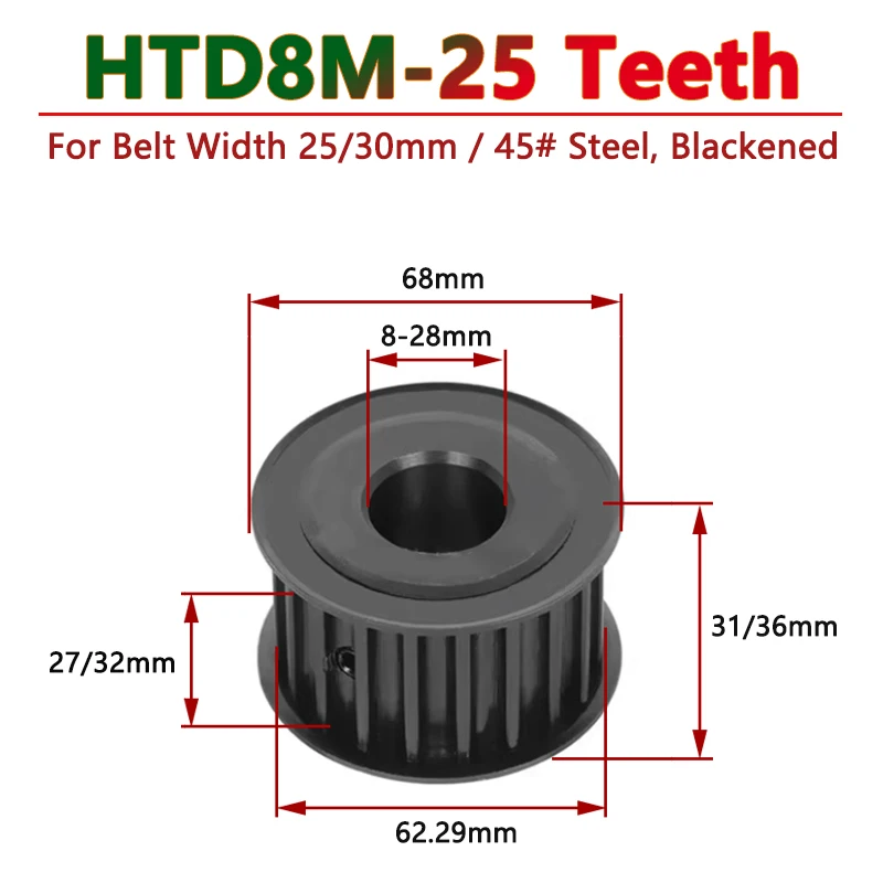 

1pc 25 Teeth HTD8M Steel Timing Pulley 25T 8M Drive Synchronous Wheel for Belt Width 25mm 30mm Bore 8/10/12/12.7-28mm Pitch 8mm