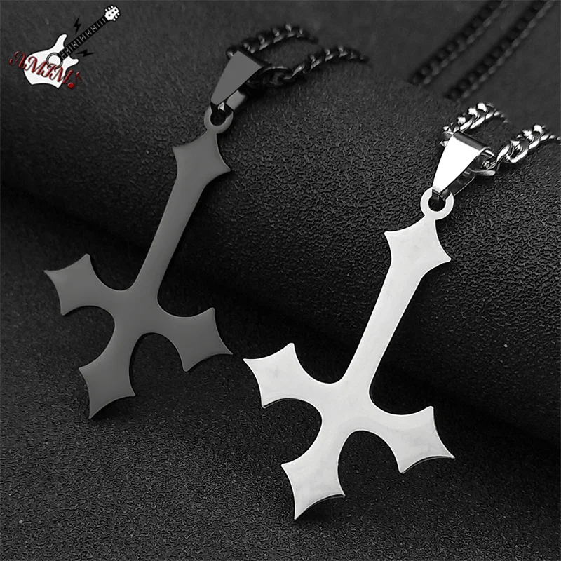 Goth Upside Down Cross Stainless Steel Pendant Necklace for Men Black Color Inverted Cross Kering Handbag Accessorie Jewelry