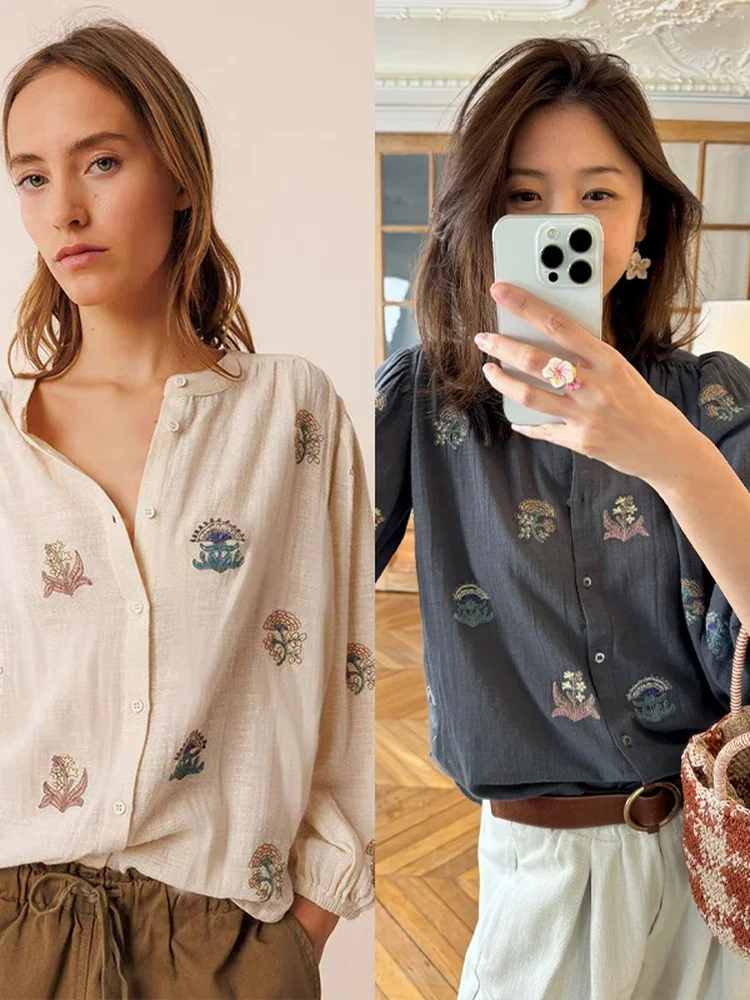 

Elegant Lady's Loose Fit Embroidered Shirt Spring Autumn Vintage Style Stand Collar Bubble Sleeve Casual Cotton Top